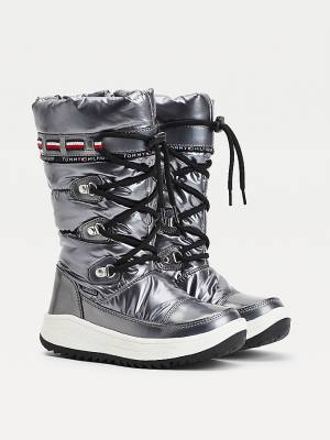 Silver Tommy Hilfiger Metallic Lace-Up Snow Girls' Boots | TH971RMJ