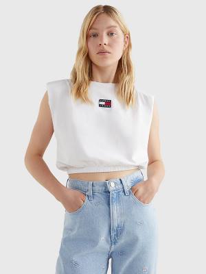 White Tommy Hilfiger Badge Cropped Fit Tank Top Women's T Shirts | TH546AGM