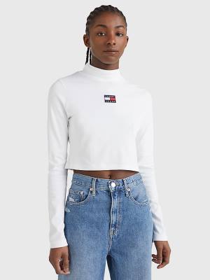 White Tommy Hilfiger Badge Mock Turtleneck Long Sleeve Women's T Shirts | TH541NGO