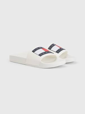 White Tommy Hilfiger Badge Pool Slides Men's Sandals | TH671REZ