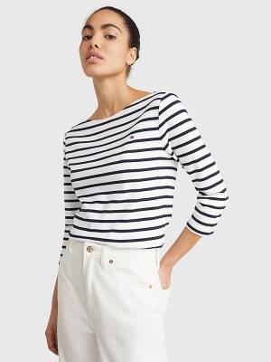 White Tommy Hilfiger Boat Neck Three-Quarter Sleeve Women's T Shirts | TH607RHJ