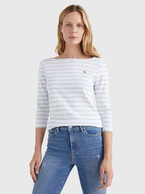 White Tommy Hilfiger Boat Neck Three-Quarter Sleeve Women's T Shirts | TH689QTR