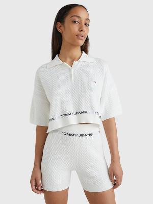 White Tommy Hilfiger Cable Knit Polo Collar Cropped Jumper Women's Sweaters | TH109KBT