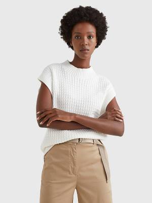 White Tommy Hilfiger Cable Mock Neck Relaxed Sweater Vest Women's Sweaters | TH370WEB