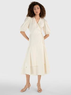 White Tommy Hilfiger Chintzed Poplin Wrap Women's Dress | TH573SCV