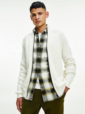 White Tommy Hilfiger Classics Zip-Thru Ribbed Cardigan Men's Sweaters | TH017XFB