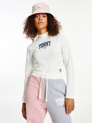 White Tommy Hilfiger College Cropped Long Sleeve Women's T Shirts | TH954EBV