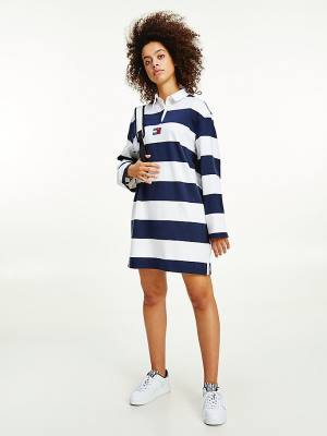 White Tommy Hilfiger Colour-Blocked Rugby Stripe Polo Women's Dress | TH273BNH