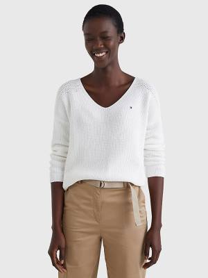 White Tommy Hilfiger Contrast Knit Relaxed Fit V-Neck Jumper Women's Sweaters | TH637OSB