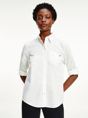 White Tommy Hilfiger Cotton Twill Relaxed Fit Women's Shirts | TH735MWO