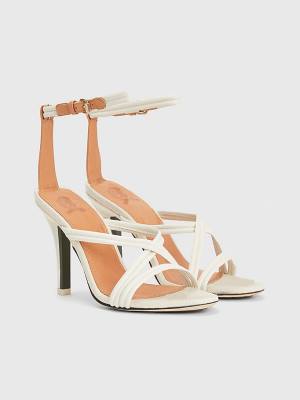 White Tommy Hilfiger Crest Strap High Heel Leather Women's Sandals | TH792KBQ