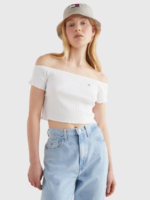 White Tommy Hilfiger Cropped Off-The-Shoulder Women's T Shirts | TH029XPY