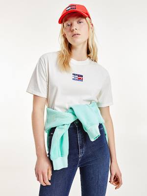 White Tommy Hilfiger Cropped Pure Organic Cotton Logo Women's T Shirts | TH953ABO