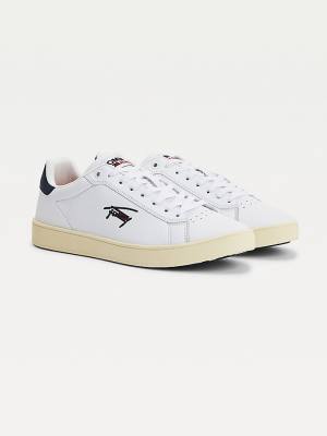 White Tommy Hilfiger Cupsole Leather Logo Men's Sneakers | TH240BMA