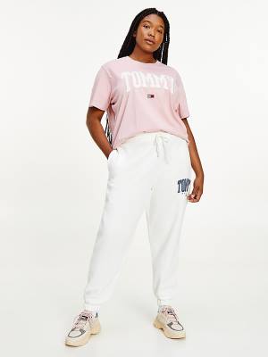 White Tommy Hilfiger Curve College Tommy Badge Plush Joggers Women's Pants | TH123VPB