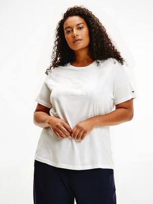 White Tommy Hilfiger Curve Organic Cotton Tonal Logo Women's T Shirts | TH520JZH