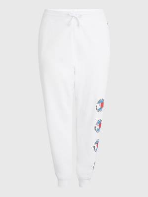 White Tommy Hilfiger Curve Smiley Peace Logo Joggers Women's Pants | TH842DNM