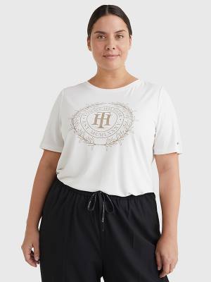 White Tommy Hilfiger Curve Sueded Crest Women's T Shirts | TH730HZR