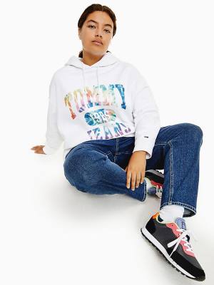 White Tommy Hilfiger Curve Tie-Dye Logo Oversized Women's Hoodie | TH823TPN