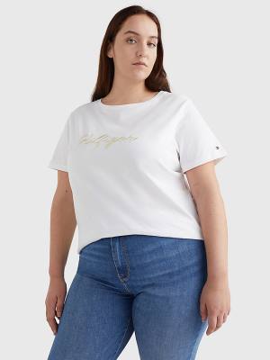 White Tommy Hilfiger Curve Tonal Script Logo Organic Cotton Women's T Shirts | TH681KIM