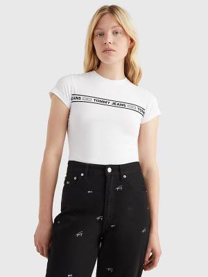 White Tommy Hilfiger Cut Out Logo Tape Bodysuit Women's T Shirts | TH683JVW