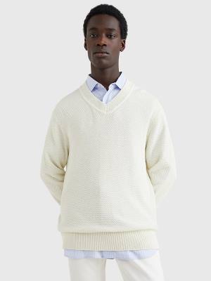 White Tommy Hilfiger Elevated Textured V-Neck Jumper Men's Sweaters | TH436KAU