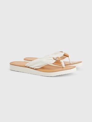 White Tommy Hilfiger Essential Leather Footbed Flip-Flops Women's Sandals | TH137JXP