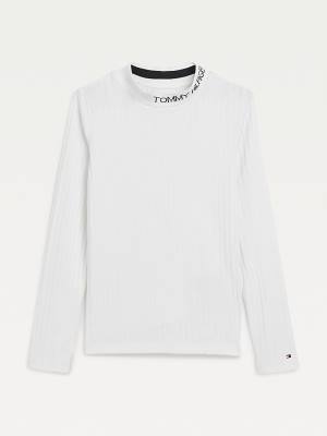 White Tommy Hilfiger Essential Rib-Knit Long Sleeve Girls' T Shirts | TH810EDA