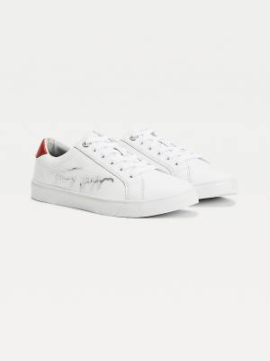 White Tommy Hilfiger Essential Signature Sequin Cupsole Leather Women's Sneakers | TH063QJM