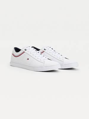 White Tommy Hilfiger Essential Signature Detail Leather Men's Sneakers | TH651NXK