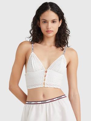 White Tommy Hilfiger Eyelet Lace Longline Bra Women's Underwear | TH089VZW