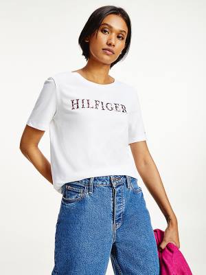 White Tommy Hilfiger Feather Print Logo Women's T Shirts | TH217OAN