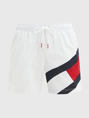 White Tommy Hilfiger Flag Mid Length Drawstring Shorts Men's Swimwear | TH261KIB