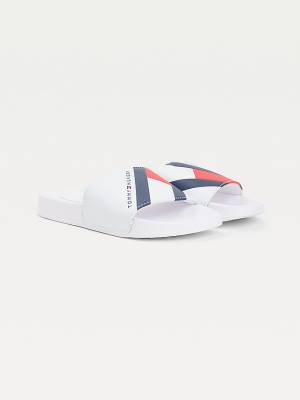 White Tommy Hilfiger Flag Print Pool Slides Boys' Sandals | TH496KYR