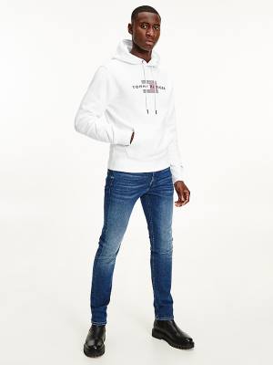 White Tommy Hilfiger Front Logo Organic Cotton Fleece Men's Hoodie | TH639EPA