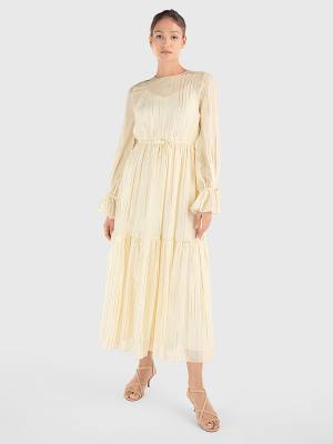 White Tommy Hilfiger Gold Stripe Silk Blend Maxi Women's Dress | TH671OCM