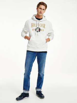 White Tommy Hilfiger Icons Logo Embroidery Relaxed Fit Men's Hoodie | TH039VWQ