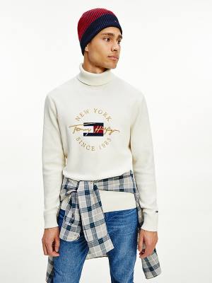 White Tommy Hilfiger Icons TH Flex Roll Neck Jumper Men's Sweaters | TH635GEH