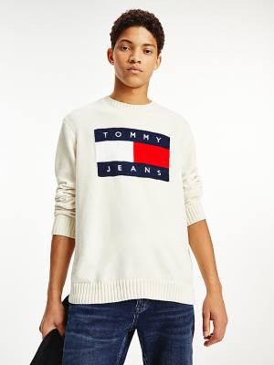 White Tommy Hilfiger Intarsia Flag Relaxed Fit Jumper Men's Sweaters | TH752MWS