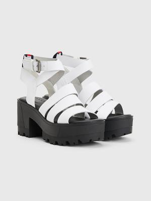 White Tommy Hilfiger Leather Block Heel Women's Sandals | TH501TQM