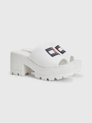 White Tommy Hilfiger Leather Flag Block Heel Mules Women's Sandals | TH072LTW