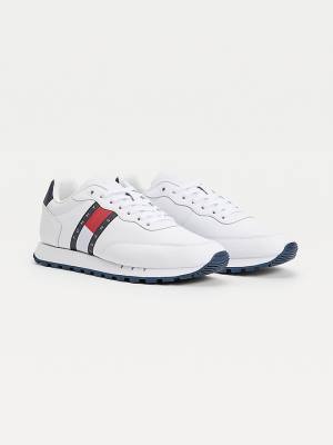 White Tommy Hilfiger Leather Mix Webbing Logo Men's Sneakers | TH089FYX