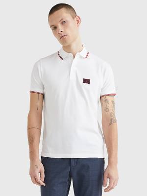 White Tommy Hilfiger Logo Contrast Tipped Slim Men's Polo Shirts | TH781GWM