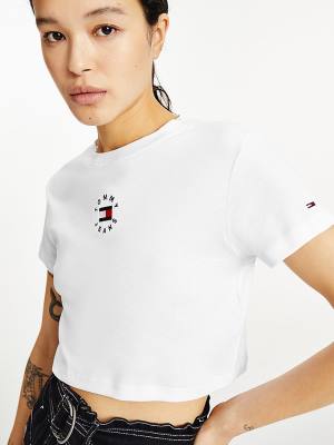 White Tommy Hilfiger Logo Embroidery Cropped Women's T Shirts | TH179OGK