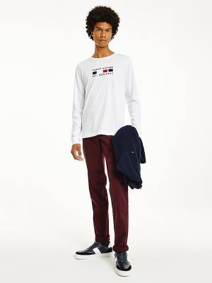 White Tommy Hilfiger Logo Embroidery Long Sleeve Men's T Shirts | TH790WID