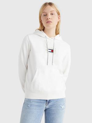 White Tommy Hilfiger Logo Embroidery Women's Hoodie | TH260FRN