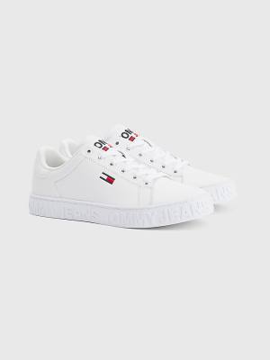 White Tommy Hilfiger Logo Leather Cupsole Women's Sneakers | TH129DUK