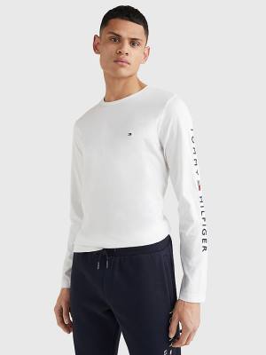 White Tommy Hilfiger Logo Long Sleeve Men's T Shirts | TH592AYZ