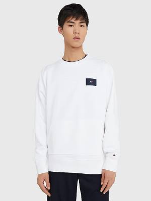 White Tommy Hilfiger Logo Print Crew Neck Men's Sweatshirts | TH913UNP