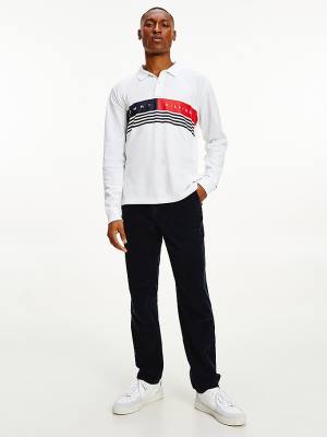 White Tommy Hilfiger Logo Regular Fit Long Sleeve Men's Polo Shirts | TH907TUE